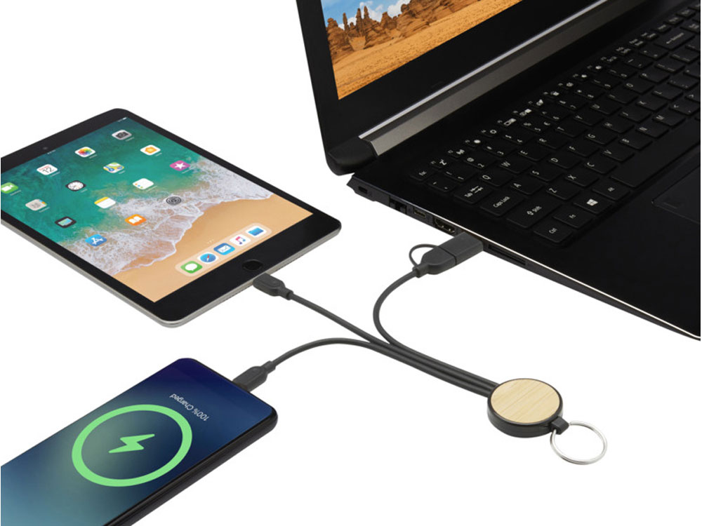 Кабель для зарядки Tecta 6 в 1 из переработанного пластика/бамбука с брелком (Изображение 5)