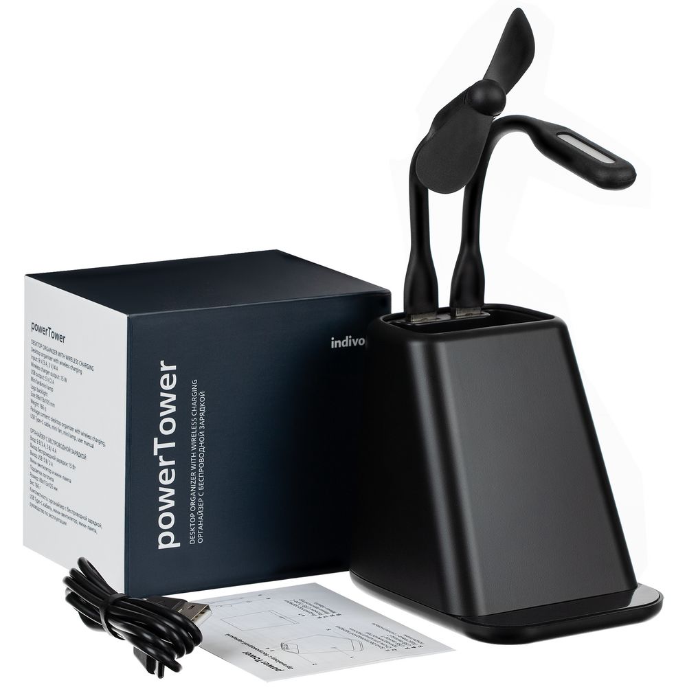 Настольный органайзер с зарядкой, лампой и вентилятором powerTower, черный (Изображение 12)