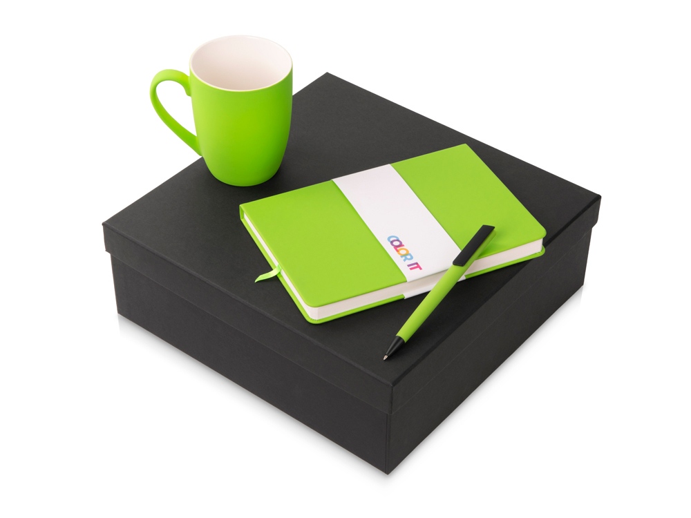 Подарочный набор COLOR IT c блокнотом, ручкой и кружкой (зеленое яблоко) твердая обложка