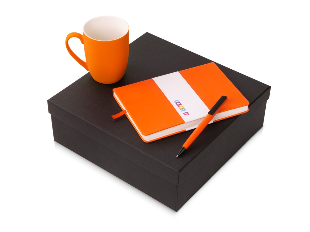 Подарочный набор COLOR IT c блокнотом, ручкой и кружкой (оранжевый) твердая обложка