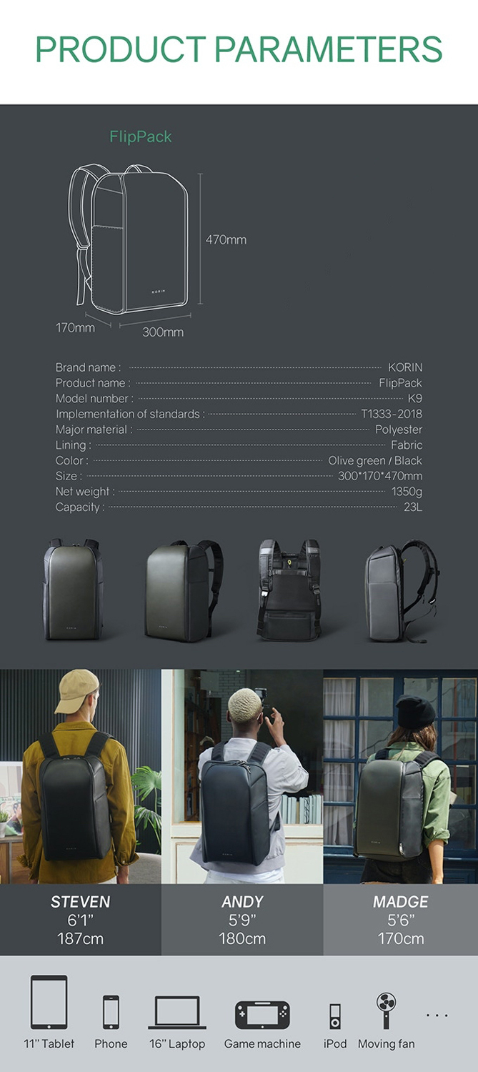 Рюкзак KORIN FlipPack 47х30х17 см, черный (Изображение 28)