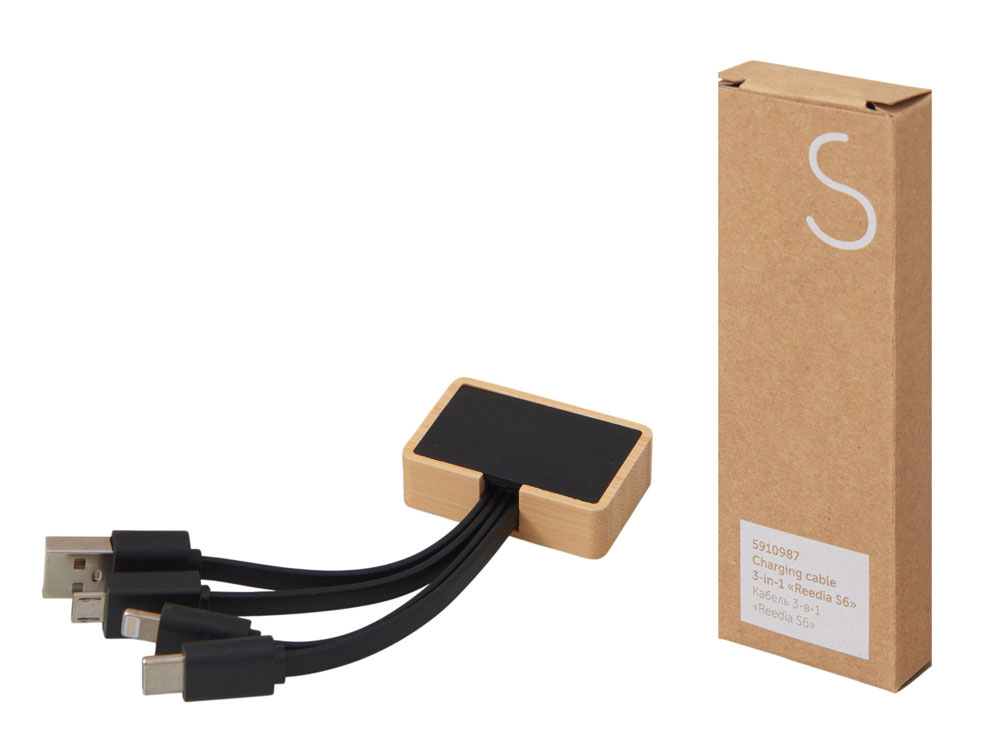 Кабель 3-в-1 с подсветкой лого Reedia S6, бамбук, черный (Изображение 7)