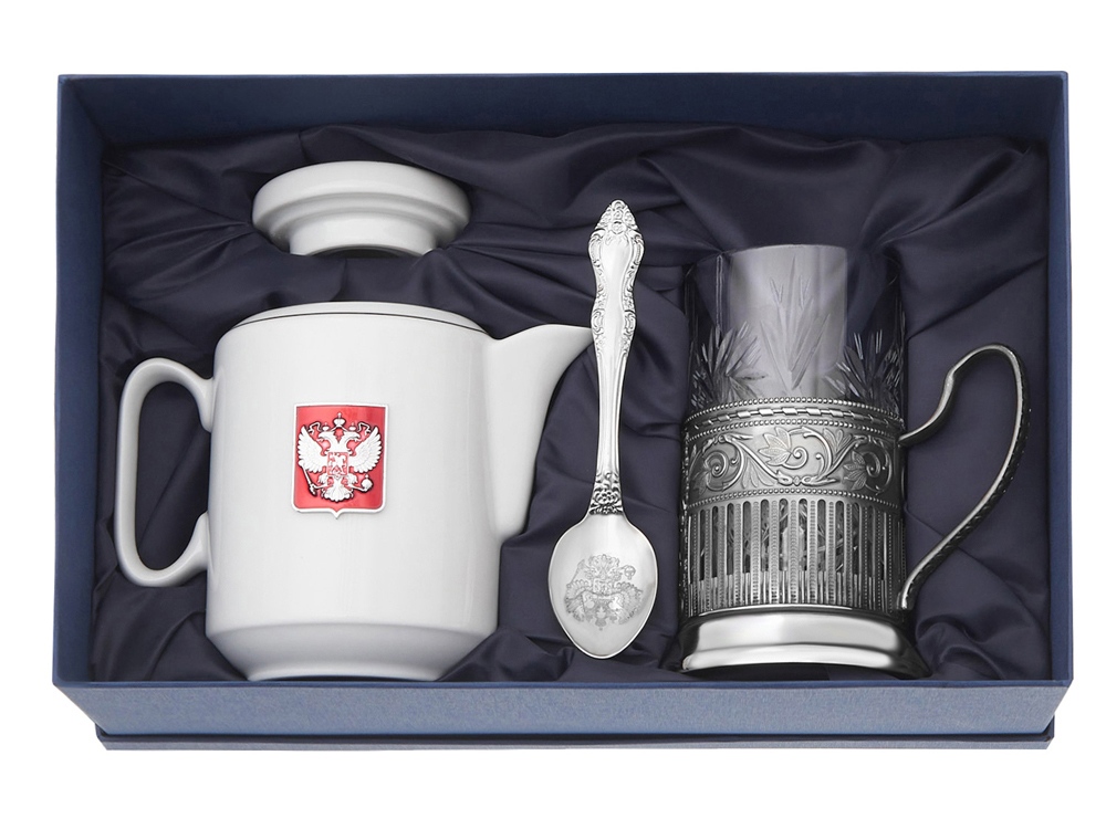 Чайный набор с подстаканником и фарфоровым чайником ЭГОИСТ-М, серебристый/белый (Изображение 2)