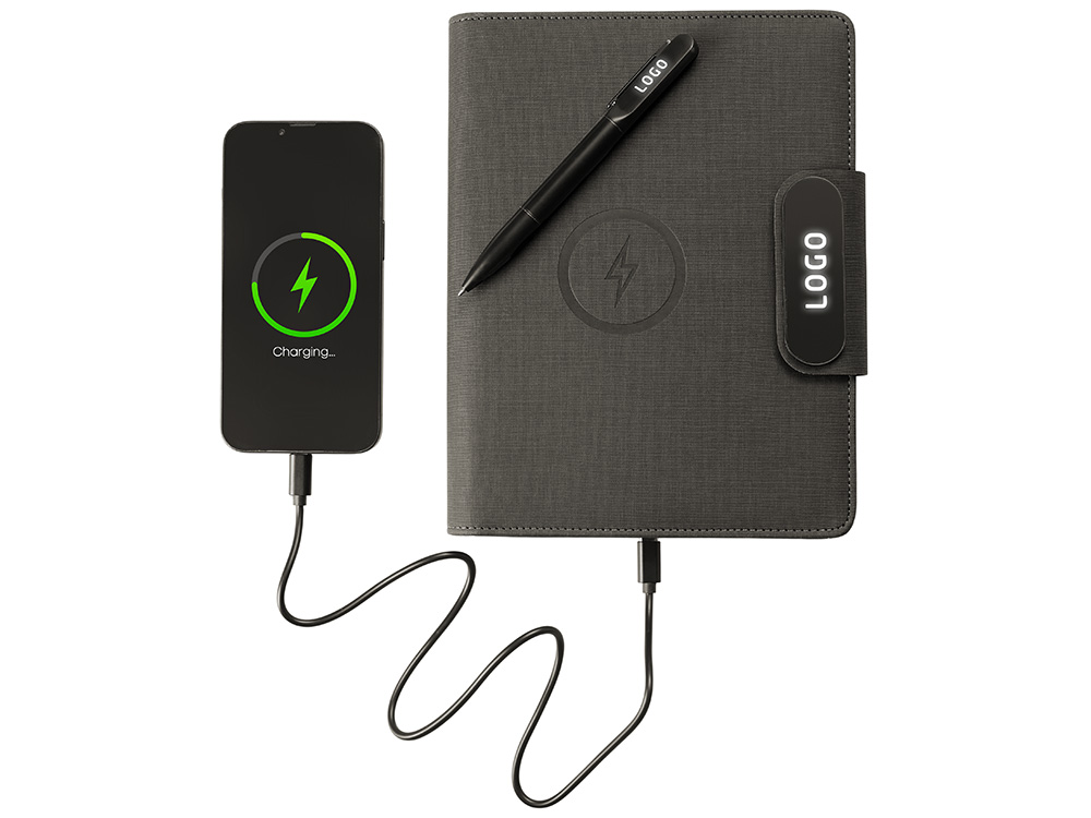 Подарочный набор металлическая ручка и блокнот А5 Twilight  со светящимся логотипом и пауэрбэнком (Изображение 6)