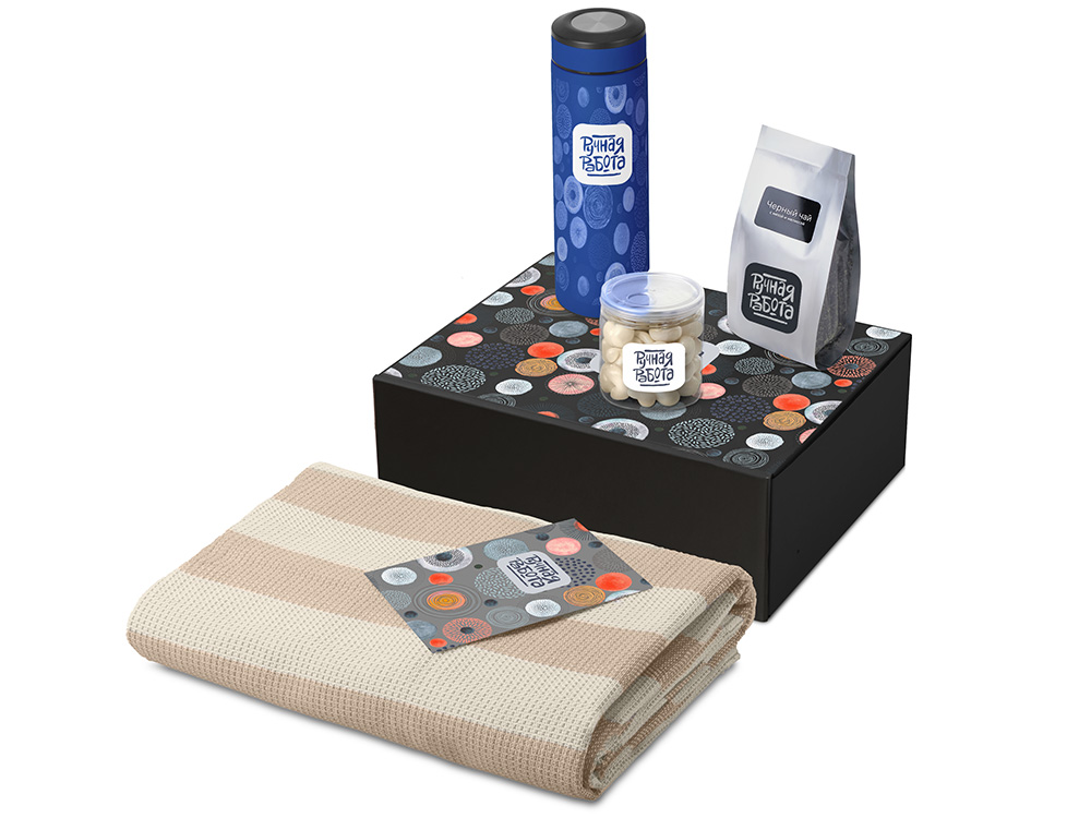 Подарочный набор Re:y. Warm с пледом, термосом и чаем (синий)  (Изображение 1)