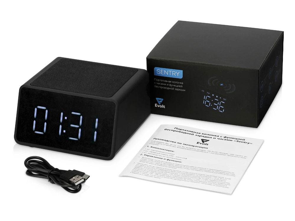 Беспроводная колонка с часами и функцией беспроводной зарядки Sentry, черный (Изображение 3)